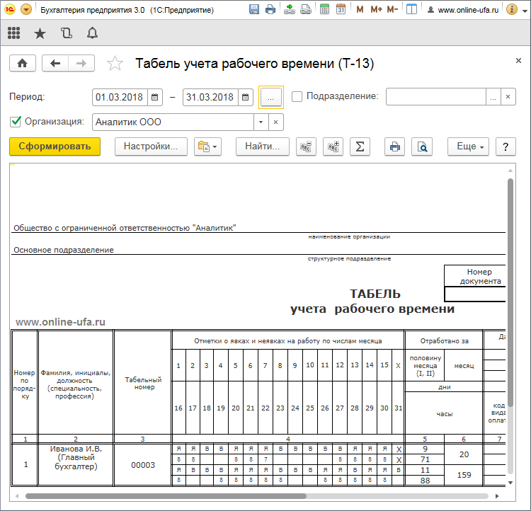 Ведение табеля учета рабочего времени работников образец